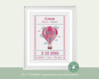 cross stitch baby birth sampler, birth announcement, hot air balloon, baby girl, DIY customizable pattern** instant download**