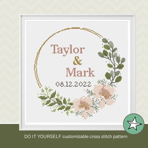 Wedding cross stitch pattern, flower wreath, DIY customizable, modern pattern, PDF ** instant download**