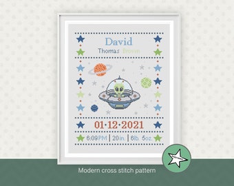 Alien Birth Sampler Cross Stitch Pattern, Customizable Baby Announcement (PDF Pattern)
