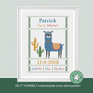 Cross stitch pattern baby birth sampler, birth announcement, Llama bright, baby, DIY customizable pattern** instant download**