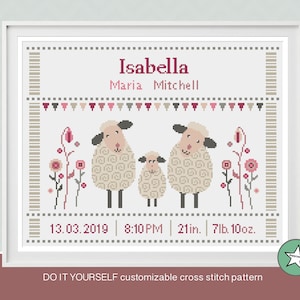 Cross stitch pattern baby birth sampler sheep, pink, birth announcement, baby girl, DIY customizable pattern** instant download**