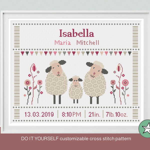 Cross stitch pattern baby birth sampler sheep, pink, birth announcement, baby girl, DIY customizable pattern** instant download**