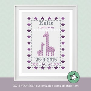 cross stitch baby birth sampler, birth announcement, giraffes, purple, baby girl, DIY customizable pattern** instant download**