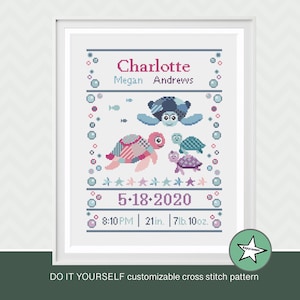 May include: A cross stitch pattern featuring a family of sea turtles with a patchwork design. The pattern includes the name Charlotte, Megan Andrews, and the date 5-18-2020. The birth details are 8:10 PM, 21 in., 7 lb. 10 oz.