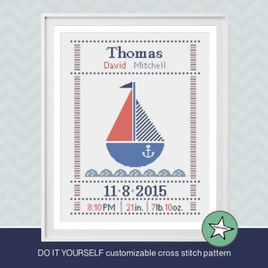 Cross stitch pattern baby birth sampler, birth announcement, sailboat, baby, ship, nautical  DIY customizable pattern** instant download**