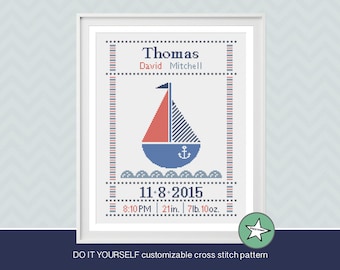 Cross stitch pattern baby birth sampler, birth announcement, sailboat, baby, ship, nautical  DIY customizable pattern** instant download**