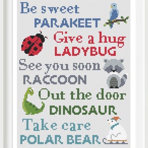 May include: A colorful cross-stitch pattern with animal illustrations and phrases like "See you later Alligator" and "Toodle-Loo Kangaroo".