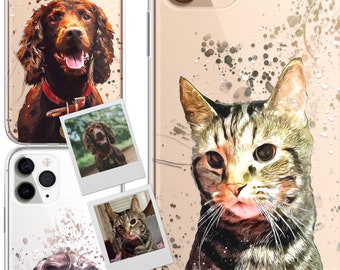 May include: A clear phone case with a watercolor design featuring a tabby cat and a brown dog. The case is designed to fit a smartphone with a camera bump.