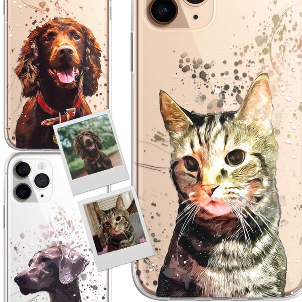 PET Phone Case Dog Cat Painting Portrait SPLATTER Water Colour Personalised Custom Photo CLEAR Phone Cover iPhone 15 14 13 12 Pro Max