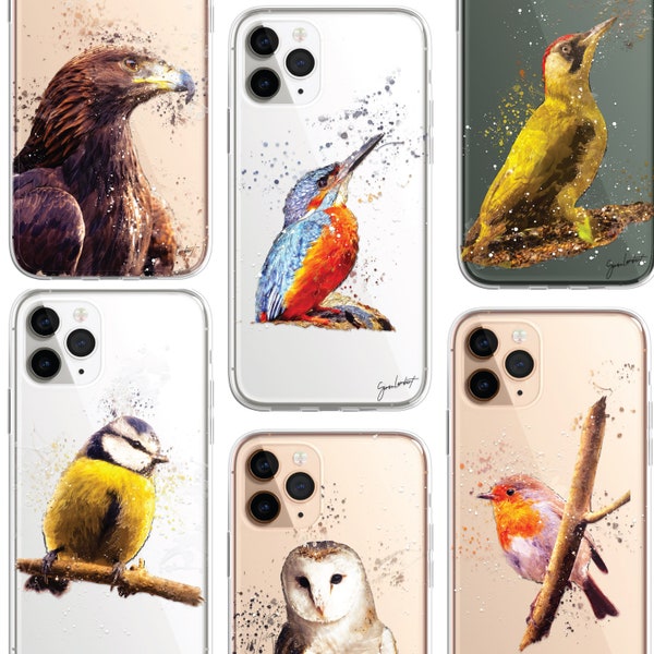 Vogels iPhone Case, Pimpelmees, Robin, Kingfisher, Specht, Uil, Torenvalk, Eagle Splatter Art CLEAR Cover voor iPhone 15 14 13 12 Pro Max