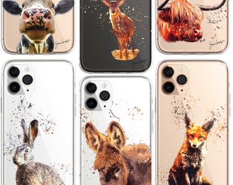 Wildlife iPhone Hülle Splatter Art KLAR Phone Cover Case für iPhone 15 14 13 12 Pro Max, Esel, Fuchs, Highland Kuh, Fasan, Eichhörnchen, Hirsch