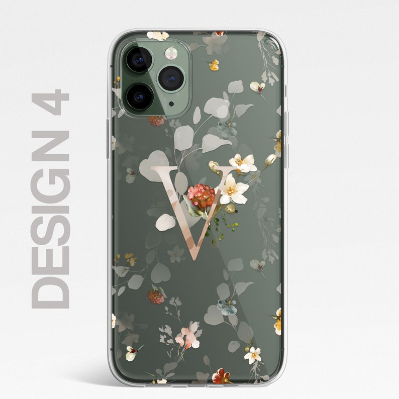 Coque personnalisée florale personnalisée en silicone transparente pour iPhone, fleurs, roses anglaises, or pour iPhone 15 14 13 12 11 Plus Max Pro Samsung 4 - Pattern Initial