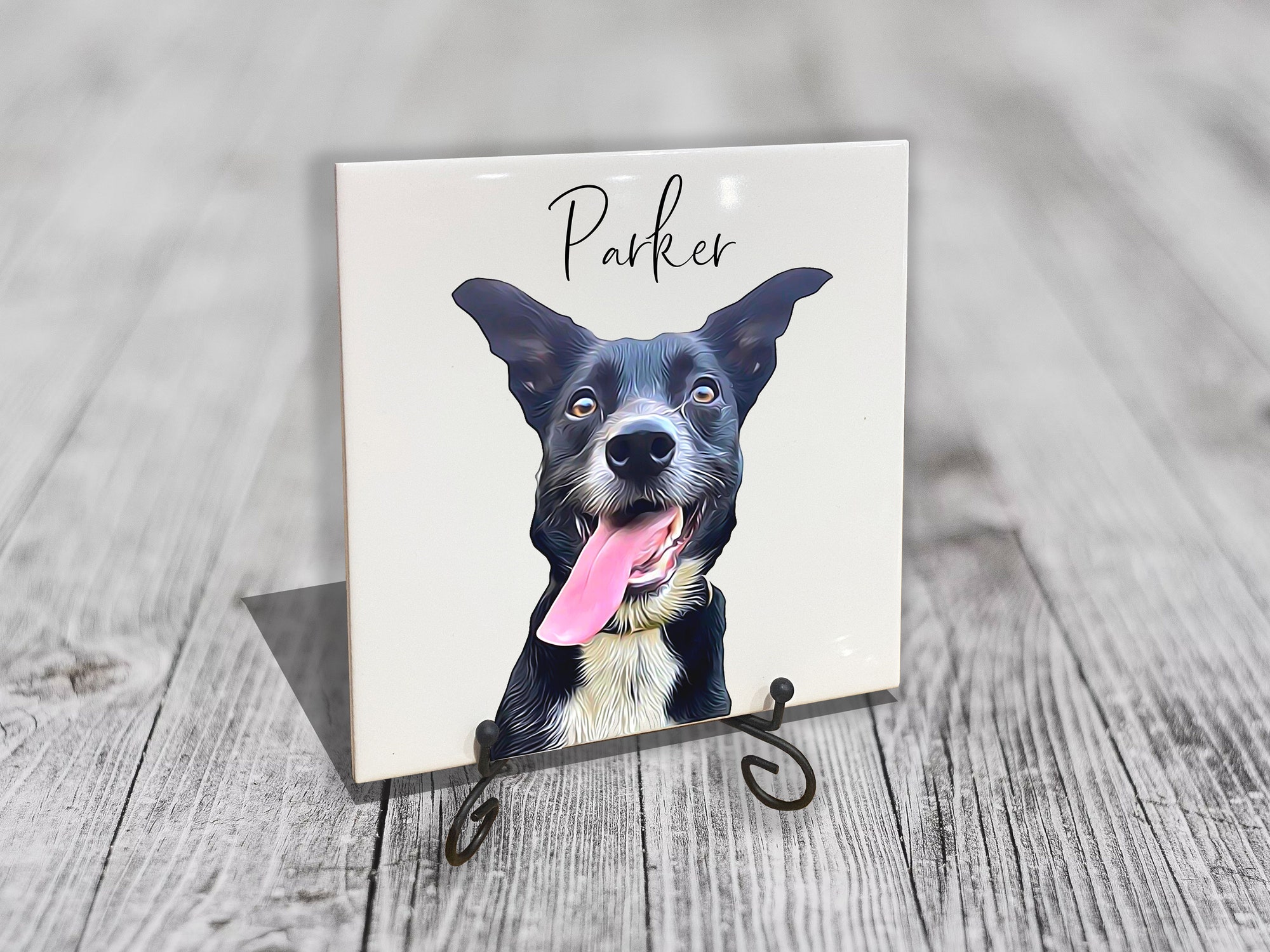 Personalised Pet Portrait on Tile with Stand - Dog Cat Brush Custom Photo Print on CERAMIC TILE