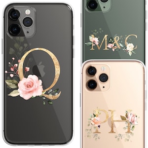 Gepersonaliseerde monogram aangepaste siliconen doorzichtige telefoon geval hoes bloemen bloemen Engelse rozen goud iPhone 16 15 14 13 12 11 Pro Max Plus Pro