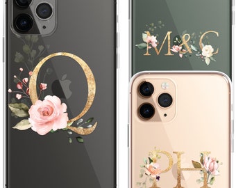 Coque de téléphone transparente monogramme personnalisé en silicone transparent fleurs florales roses anglaises or iPhone 15 14 13 12 11 Pro Max Plus Pro Galaxy