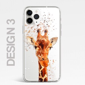 May include: A clear phone case with a watercolor-style illustration of a giraffe's head against a white background with brown and orange splatters.
