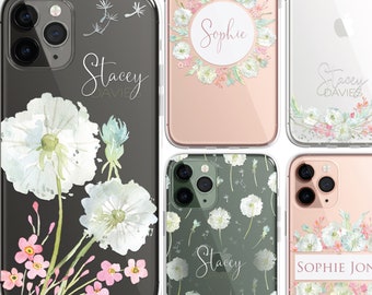 Personalised Phone Case, Custom Floral Flowers case, CLEAR DANDELION Flowers Water Colour Effect iPhone 16 15 14 13 12 Pro Max Plus Samsung
