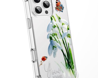 Personalised Floral Phone Case Custom Watercolour Pressed Flowers Luxury Cover, CLEAR Cover Roses iPhone 16 15 13 12 11 - Snowdrops