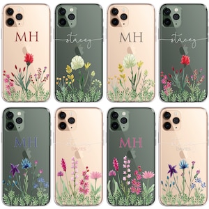 Gepersonaliseerde initialen aangepaste siliconen doorzichtige telefoonhoes hoes bloemen wilde bloemen rozen goud iPhone 16 15 14 13 12 Max Pro Plus Pro Galaxy