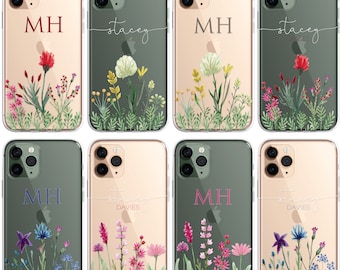 Personalised Initials Custom Silicone CLEAR Phone Case Cover Floral Wild Flowers Roses Gold iPhone 16 15 14 13 12 Max Pro Plus Pro Galaxy