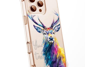 Stag 2 WaterColour Personalised CLEAR Phone Case Animal British Wildlife Splatter Painting Artwork Cover Exclusive Art - iPhone Samsung