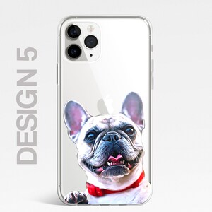 K&ouml;nnte beinhalten: Eine transparente Handyh&uuml;lle mit einem wei&szlig;en Franz&ouml;sischen Bulldoggen, der hinter der H&uuml;lle hervorlugt. Der Bulldogge tr&auml;gt ein rotes Halsband und hat einen verspielten Ausdruck.