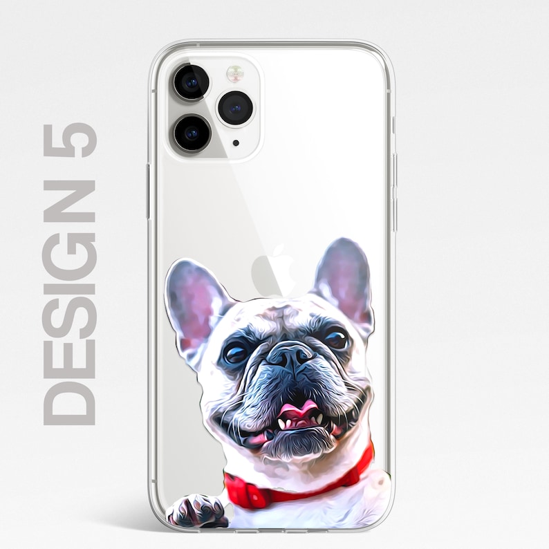 K&ouml;nnte beinhalten: Eine transparente Handyh&uuml;lle mit einem wei&szlig;en Franz&ouml;sischen Bulldoggen, der hinter der H&uuml;lle hervorlugt. Der Bulldogge tr&auml;gt ein rotes Halsband und hat einen verspielten Ausdruck.