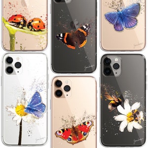 May include: Set of 10 phone cases featuring different nature-inspired designs. Each case has a clear background with a colourful butterfly, ladybug, bee, or flower design. The cases are compatible with iPhone models.