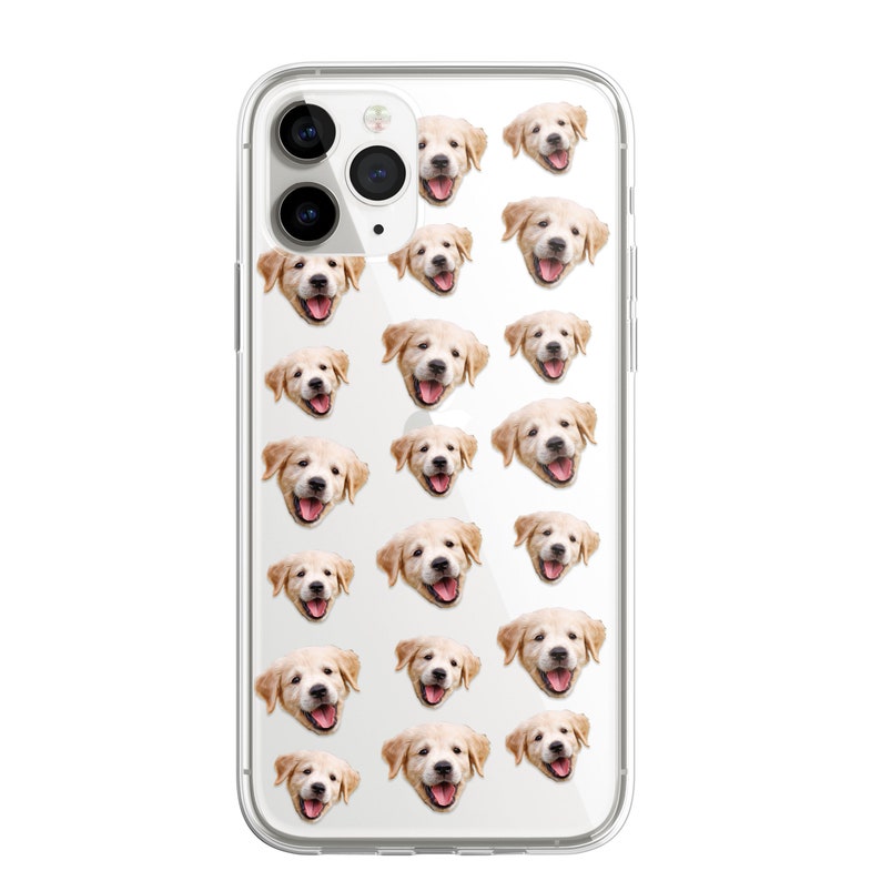 May include: Clear phone case with a repeating pattern of golden retriever puppy faces.