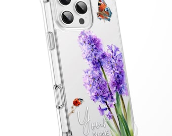 Personalised Floral Phone Case Custom Watercolour Pressed Flowers Luxury Cover, CLEAR Cover Roses iPhone 16 15 13 12 11 - Hyacinth 2