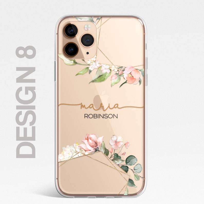 Personalisierte Blumen-Handyhülle, individuelle Blumenhülle, Luxus-Handyhülle, KLARE Hülle Rosen Gold iPhone 15 13 12 11 Plus Pro Samsung Galaxy Design 8 Name Floral