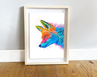 FOX Print CERAMIC TILE Artwork Rainbow Brush Painting Portrait Framed Tile Art - Pet Dog Cat Horse Animal