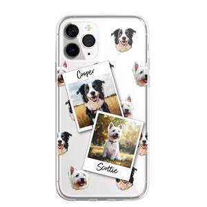 K&ouml;nnte beinhalten: Transparente Handyh&uuml;lle mit wei&szlig;em Hintergrund und einem sich wiederholenden Muster aus schwarzen und wei&szlig;en Hundegesichtern. Zwei gr&ouml;&szlig;ere Bilder von Hunden befinden sich in der Mitte der H&uuml;lle, eines mit dem Text "Cooper" und das andere mit dem Text "Scottie".