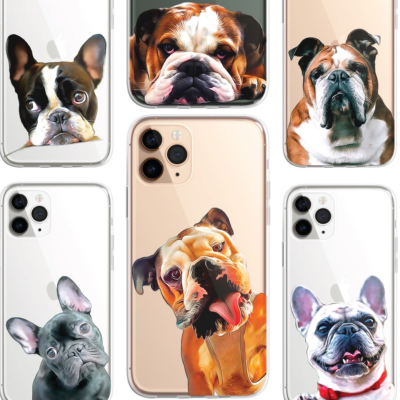 K&ouml;nnte beinhalten: Sechs transparente Handyh&uuml;llen mit verschiedenen Hunderassen bedruckt. Die H&uuml;llen sind f&uuml;r das iPhone 13 Pro Max. Die Hunde sind ein Franz&ouml;sischer Bulldogge, ein Bulldogge und eine Mops.