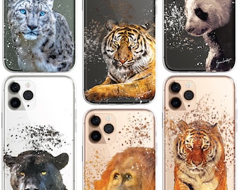 Animals Phone Case Splatter Art CLEAR Phone Cover Case for iPhone 16 15 14 13 12 Pro Max & Samsung, Tiger, Panda, Panther, Snow Leopard