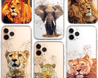 Animals Phone Case Splatter Art CLEAR iPhone Cover Case for iPhone 16 15 14 13 12 11 Pro Max, Lion, Leopard,, Elephant, Zebra, African