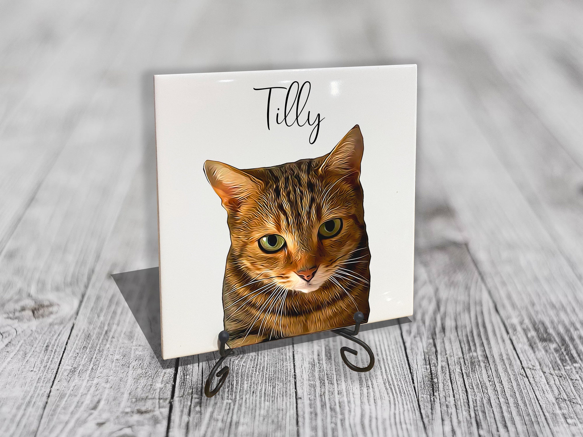 Personalised Pet Portrait on Tile with Stand - Dog Cat Brush Custom Photo Print on CERAMIC TILE