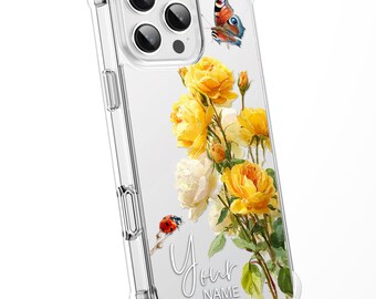 Personalised Floral Phone Case Custom Watercolour Pressed Flowers Luxury Cover, CLEAR Cover Roses iPhone 16 15 13 12 11 - Rose 4