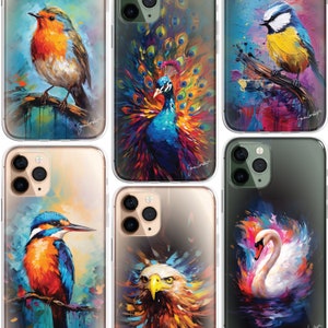 Étui pour iPhone avec oiseaux de la faune, art transparent, étui pour iPhone 15 14 13 12 Pro Max, paon, mésange bleue, rouge-gorge, aigle