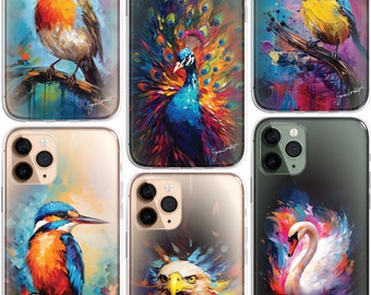 Wildlife Birds iPhone Case Pallette Knife Art CLEAR Phone Cover Case for iPhone 15 14 13 12 Pro Max, peacock, blue tit, robin, eagle