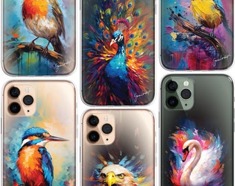 Étui pour iPhone avec oiseaux de la faune, art transparent, étui pour iPhone 15 14 13 12 Pro Max, paon, mésange bleue, rouge-gorge, aigle