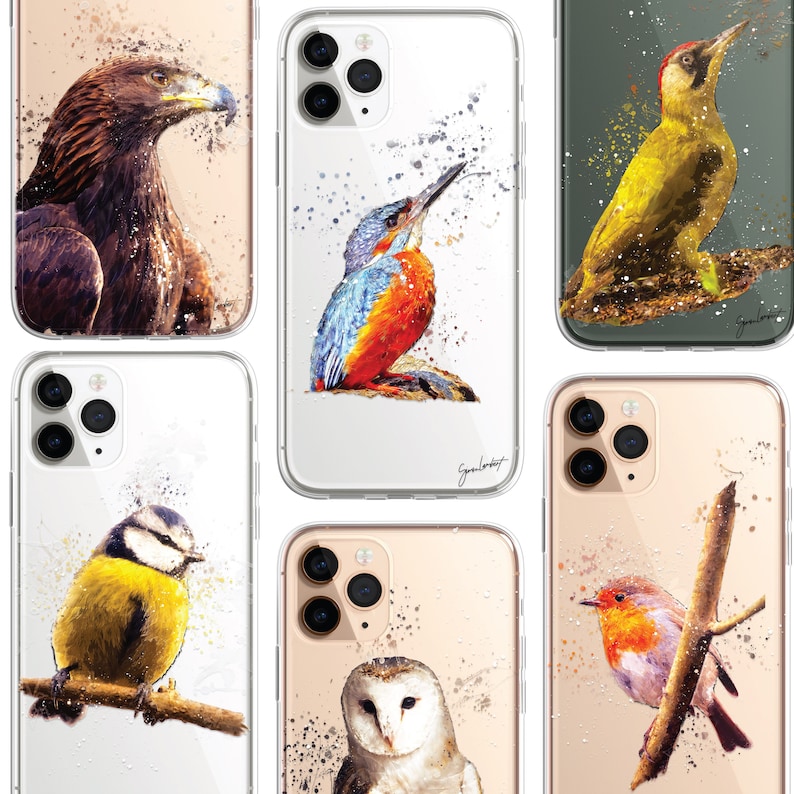 May include: Clear phone cases featuring watercolor bird art. Designs include an eagle, kingfisher, green woodpecker, blue tit, barn owl, and robin. Each case has a unique bird illustration with a splash effect.