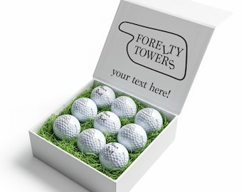 Forelty Towers Themed: Personalised Branded 9 Golf Ball Set in Customised Box - Golfer's Gift, Father's Day, Wedding Favour, Birthday