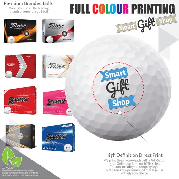 Personalised Custom Golf Balls Full Colour Two Sided Print, Branded Titleist PRO V1 Callaway Srixon Wilson