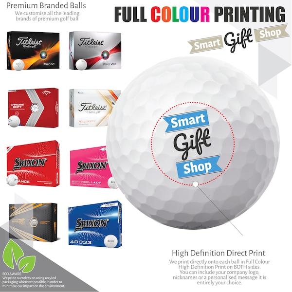 Personalised Custom Golf Balls Full Colour Two Sided Print, Branded Titleist PRO V1 Callaway Srixon Wilson
