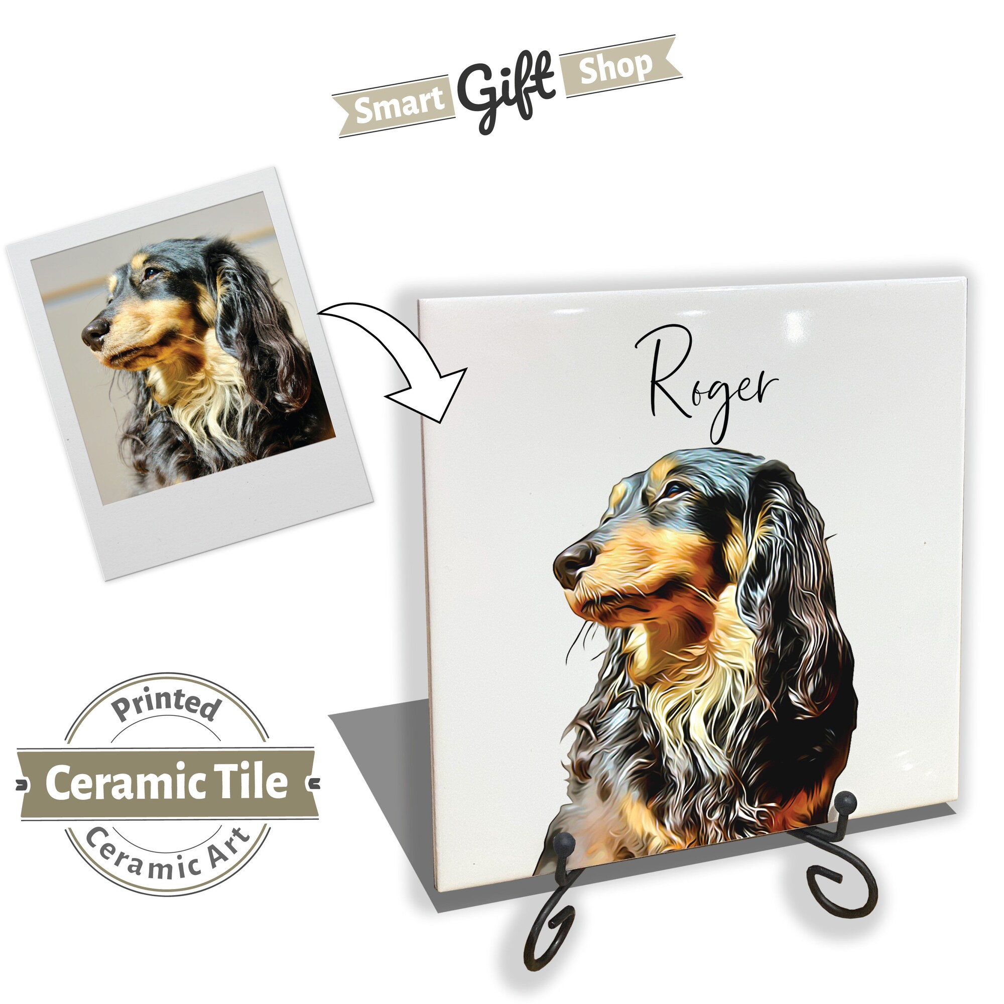 Personalised Pet Portrait on Tile with Stand - Dog Cat Brush Custom Photo Print on CERAMIC TILE