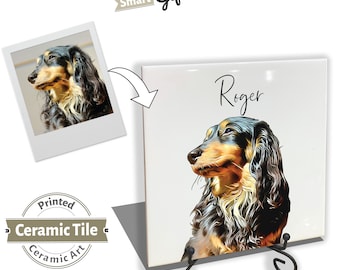 Personalised Pet Portrait on Tile with Stand - Dog Cat Brush Custom Photo Print on CERAMIC TILE Gift Customised Personalized