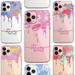 Personalised Silicone CLEAR Marble Effect Paint Candy Custom Phone Cover Case For iPhone 15 14 13 12 Pro Max Samsung Galaxy S21 S22