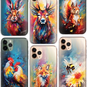 Faune sauvage, animaux des bois, coque pour iPhone, éclaboussures d'art, transparent, étui pour iPhone 16 15 14 13 12 Pro Max, renard, cerf, lièvre, poulets