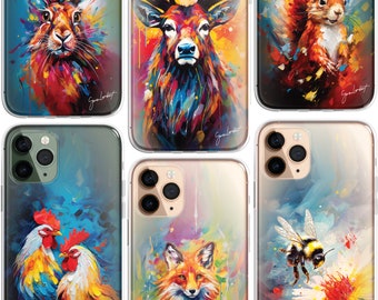 Wildtiere Waldtiere iPhone Case Splatter Art CLEAR Phone Cover Case für iPhone 15 14 13 12 Pro Max, Fuchs, Hirsch, Hase, Hühner